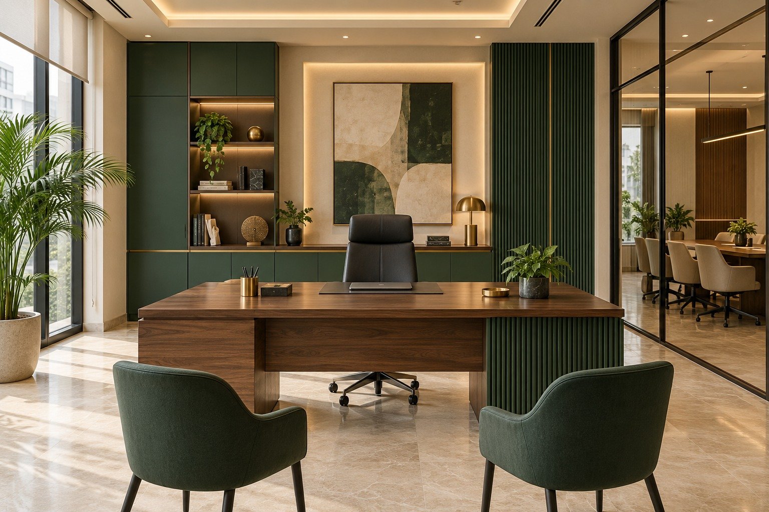 Office and commercial interior with green panels and walnut desk